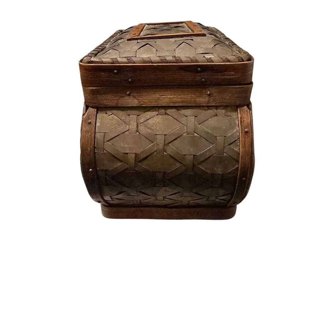Vintage Woven Wood and Rattan Medium Size Storage Box with Metal Hook Closure.